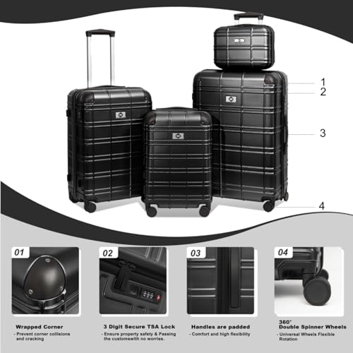 Luggage Sets ABS+PC Hardshell 4pcs Luggage Hardside Lightweight Durable Suitcase Sets Spinner Wheels Suitcase with TSA Lock (12/20/24/28) (Black)2