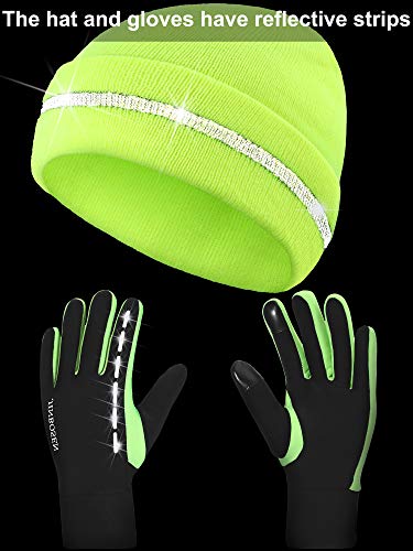 High Elasticity Reflective Knit Cap and Reflective Touch Screen Gloves, Cold-Proof and Warm Hat and Gloves Kit for Running Cycling Hiking Walking for Men Women (Bright Yellow)3