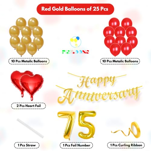 Image of Flyloons 75th Happy Anniversary Decoration Items Red Gold for Men Women Husband Wife Mom Dad Couple Bedroom Car With 20 Pcs Metallic Balloons Anniversary Banner 2 Pcs Heart Set Kit Diamond Jubilee