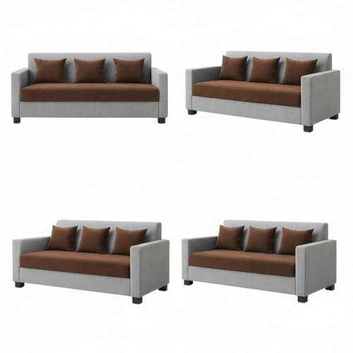 Image of FURNY Lexon 5 Seater Fabric 3+2 Sofa Set (Brown-Light Grey) Premium Velvet Finish | Durable & Comfortable | Ideal for Living Room