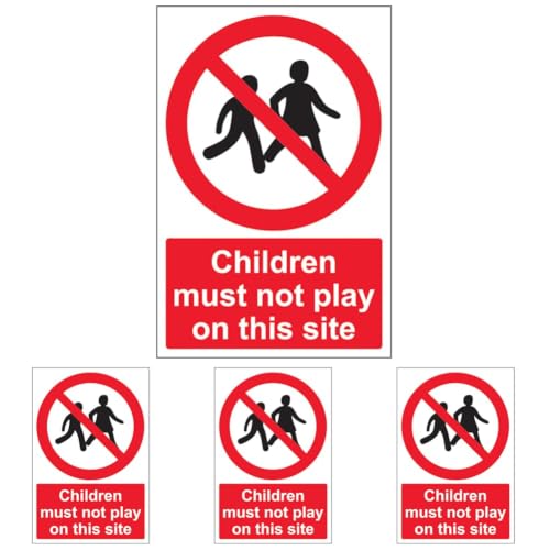 Image of V Safety Children Must Not Play On This Site - Portrait 150 x 200 mm - 2mm Super-Tough Rigid Plastic Safety Sign (Pack of 4)
