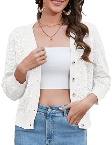 Women's 3/4 Sleeve V-Neck Button Down Cardigan Knit Shrugs Sweater