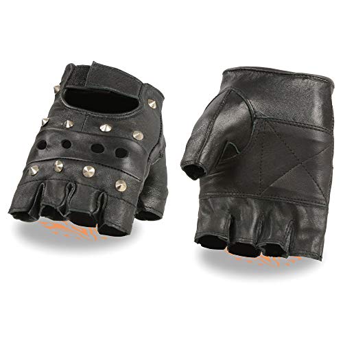 Milwaukee Leather SH211 Men's 'Studded' Black Leather Fingerless Glove with Padded Palms - Medium