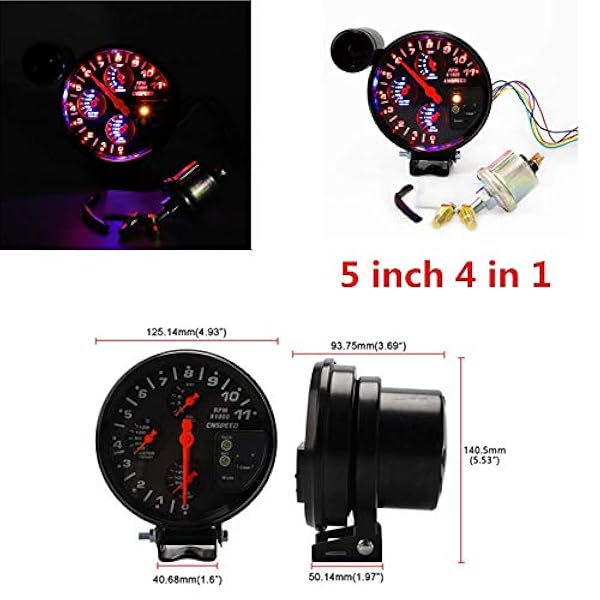 MASO - Tachimetro 4 in 1, 13 cm, giri/min, 12 V, con supporto, con indicatori di cambiata, indicatori di pressione e temperatura olio, per auto
