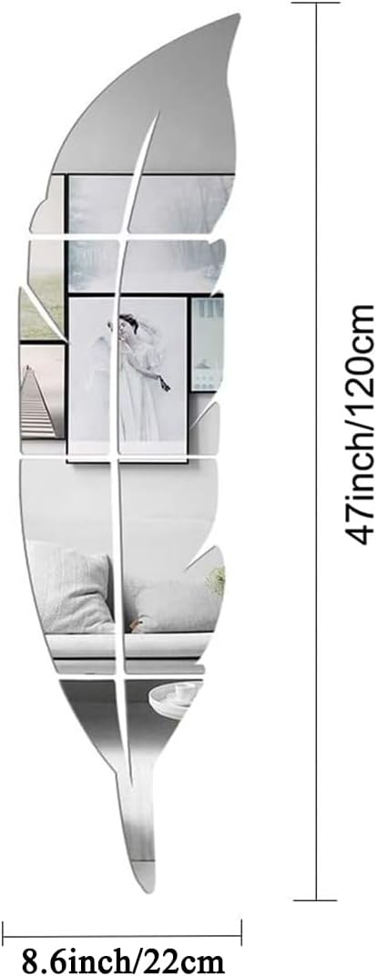 Feather Shaped Mirror Stickers, Removable 3D Acrylic Wall Decor, Self Adhesive DIY Art Decals, Home Decorations for Living Room, Bedroom, Bathroom, Hallway, Office (Gold)