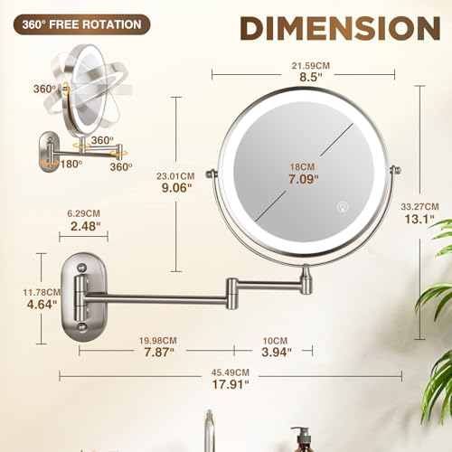 VORREMIRR Magnifying Mirror with Lights 1x/15x: 8.5" Double Sided Wall Mounted Lighted Makeup Mirror for Bathroom, 3 Color Lights & 360°Swivel Vanity Mirror, Brushed Nickel by VORREMIRR - Image 6
