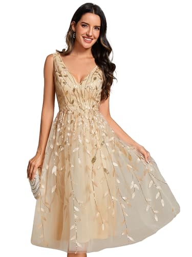 Ever-Pretty Women's A Line V Neck Open Back Sleeveless Ruched Sequin Knee Length Formal Dress 02106