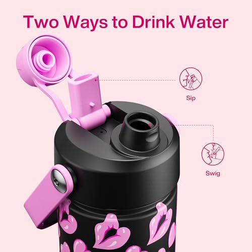 Image of ENCOOL Insulated Water Bottle with Straw Stainless Steel Water Bottle, Leak-Proof, BPA-Free, Keeps Cold for 24 Hours for Sports, Travel, School (26 oz, Kiss Love Violet x Black)