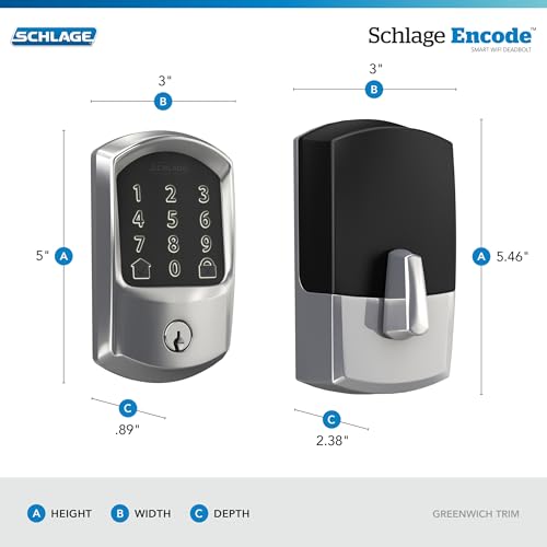 Image of SCHLAGE BE489WB GRW 625 Encode WiFi Deadbolt Smart Lock, Keyless Entry Touchscreen Door Lock with Greenwich Trim, Bright Chrome (Pack of 4)