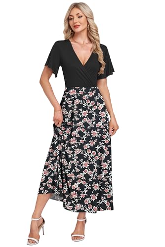 AUSELILY Boho Kleid Damen Lang Bodenlang Hohe Taille Lässiges Lockeres Sommerkleid mit Taschen Schwarz Rot Blume 2XL 4