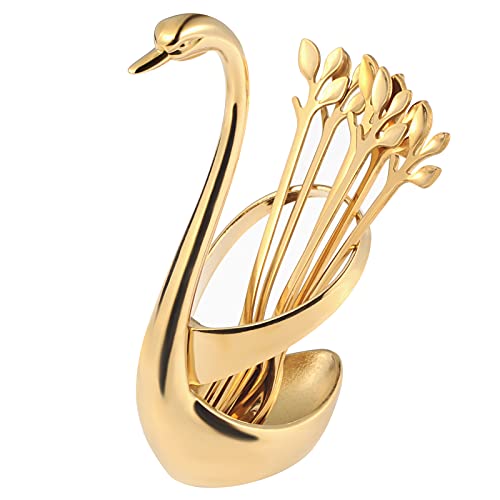 Dessert Forks & Spoon Set, Creative Gold Swan Base Holder, Demitasse Espresso Spoons, teaspoons, tea spoons, small spoons,6-Pieces forks + 6-Pieces spoons, 4.7 inches, stainless steel