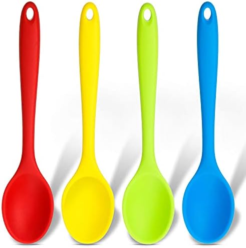 4 Pieces Small Multicolored Silicone Spoons Nonstick Kitchen Spoon Silicone Serving Spoon Stirring Spoon for Kitchen Cooking Baking Stirring Mixing Tools (Dark Red, Green, Yellow, Blue)