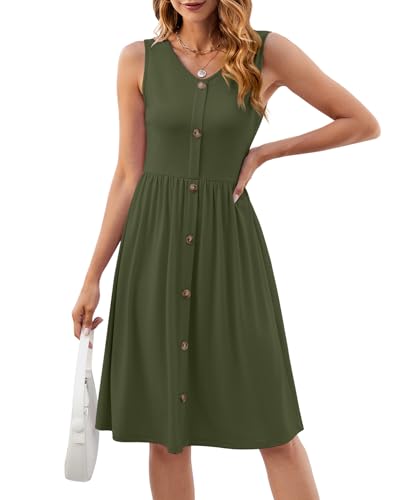 Image of KUOTAI Womens Summer Dresses Sleeveless Casual Loose Swing Button Down Midi Dress V-Neck Flowy A-Line Sundress