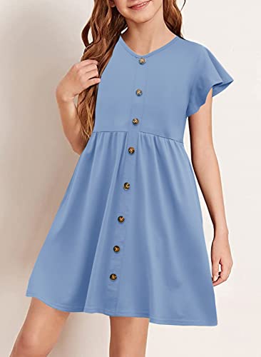 Hosika Girls Short Sleeve Button Down Ruffle Casual A-Line Swing Midi Dress With Pockets For Kids 12-13 Years Light Blue #TOP2