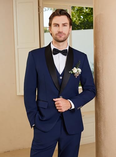 WULFUL Men's 3 Piece Suits Slim Fit Tuxedo Suit Set One Button Shawl Lapel Blazer Jacket Vest Pants Set for Prom, Business2