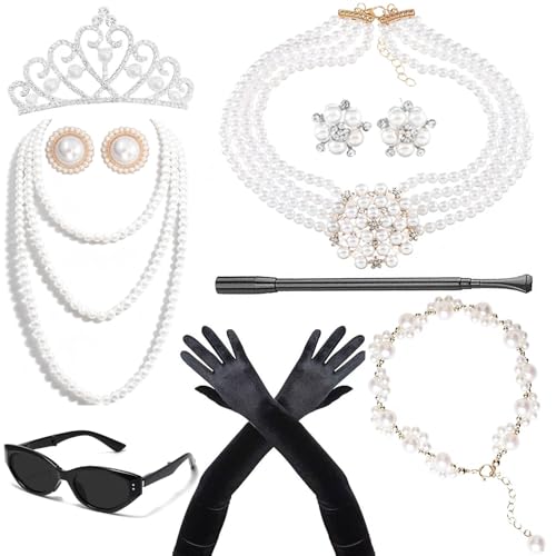 VZqola 8/9 pcs 1920 Accessories Hepburn Costume Holly Costume Roaring 20s Accessories for Women Halloween Costume Pearl Necklace Earrings Gloves Sunglasses Flapper Party Cosplay Jewlery Set