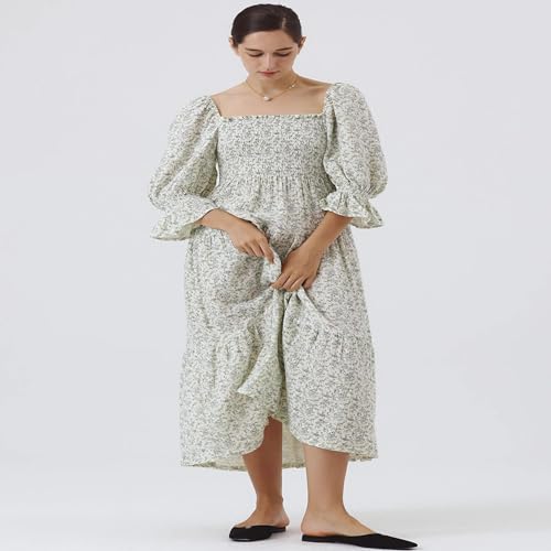 Image of NOTHING FITS BUT Kiko Maternity Gown, Puffed Short Sleeve Maternity Dress for Women, Off Shoulder Pregnancy Dresses, Cotton Baby Shower Dress (Blue Poppy, Large)