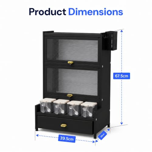 Image of Kitchen Storage Cabinet | Kitchen Cabinet with 2 Layer Kitchen Organiser, Drawer, 4 Storage Boxes & Side Holders | Dustproof Space Saving Carbon Steel Shelf | Black 41 CM, Pack of 1