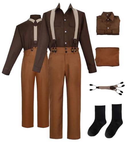 Men's Titanic Jack Cosplay Cosplay Shirt Pants Overalls Jack Dawson Costume Pants Straps Retro Halloween Uniform (Brown Uniform, XX-Large)