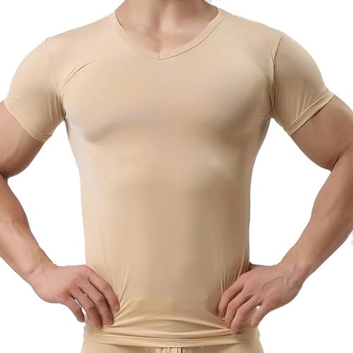 T-Shirt de Soie de Glace Homme à Col en V et Manches Courtes