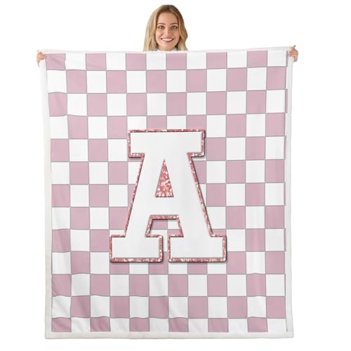 Image of Erosebridal Pink Initial A Sherpa Blanket Kawaii Plaid Checkered Fuzzy Plush Throw Cute Personalized Monogram Fleece Blanket for Kids Girls,Fashion Grids Gingham Decor for Bed Couch Twin 60 inchx80 inch