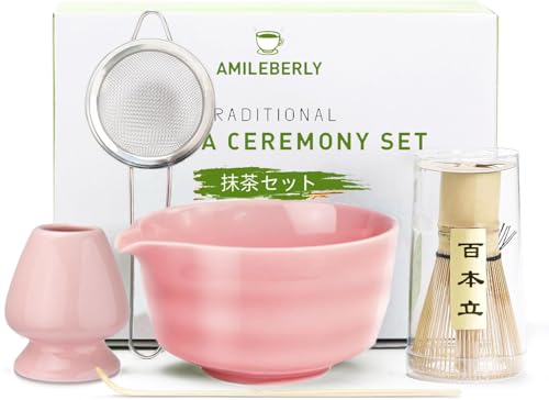 Matcha Tea Set Pink Rosa, Matcha Besen,Macha Tea set, 5 Stück Matcha Kit Japanische Zeremonie Mit Schale,Whisk,löffel,Be...