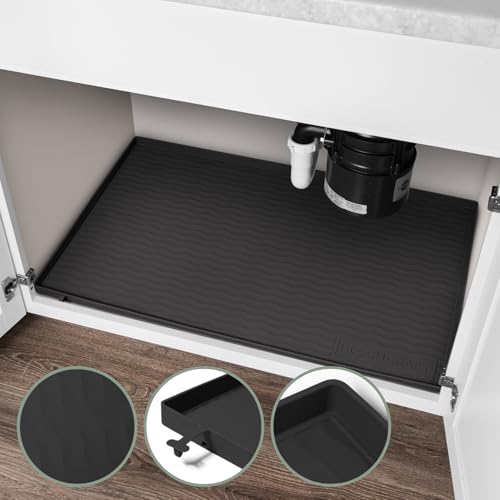 LochCraft - Heavy Duty Under Sink Mat - Thicker Design, Patented Drain, BPA Free - Under Sink Mats for Kitchen Waterproof - Ideal Under the Sink Mat Waterproof Solution - 34 x 22 Inches - (Black)