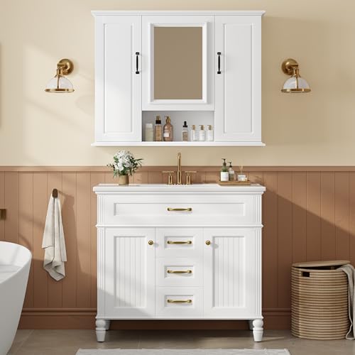 Merax 36 Inch White Bathroom Vanity with Sink & Medicine Cabinet with Mirror Set,Modern Bathroom Vanity with Wall Mirror Cabinet Combo,Gold Handles,Stylish Slated Front