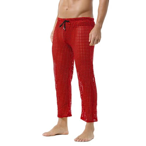 Men's Hollow Openwork Drawstring Lounge Sexy Mesh Pants Breathable Long Pants Pajamas Novelty Bottoms2