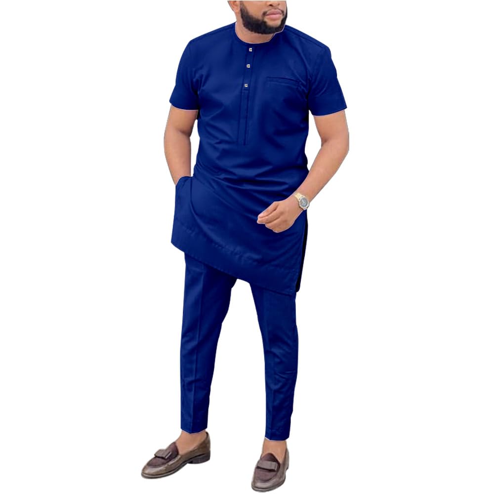 SEA&ALP African Men‘s Clothing Shirt Pant Two Piece Suit Short Sleeve Outfit Dashiki Tracksuit Attire