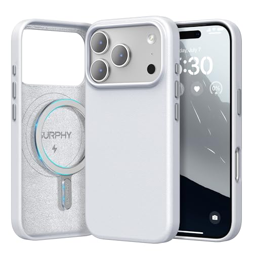 SURPHY Designed for iPhone 17 Pro Leather Case, Compatible with MagSafe Wireless Charging Faux Leather Case with Metallic Buttons and Microfiber Lining for 17 Pro 6.3 inch 2025, Cool White