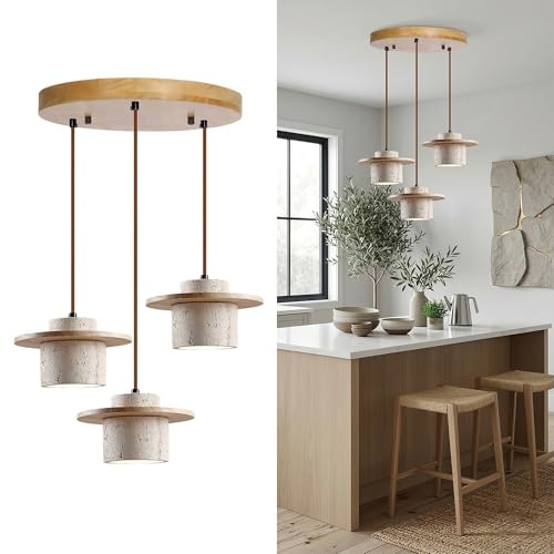 Yellow Travertine Ring Pendant Light, Natural Wood Wabi Sabi Chandelier