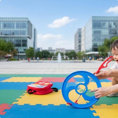 KiBcsLic Children Rolling Hoop Push Toy Wheel Game Balance Interactive Activity with Stainless Steel Rod Comfortable Grip for Control Suitable for Backyard, Blue, Medium - 4