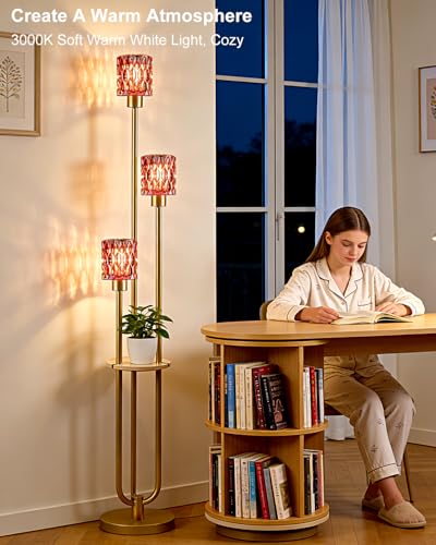 Image of 62IN Gold Floor Lamp with Deep Red Glass Shade 3-Lights Mid-Century Modern Farmhouse Floor Lamps with 3000K Warm White Bulbs, Tall Standing Lamp with 5Lbs Heavy Base for Living Room /Bedroom