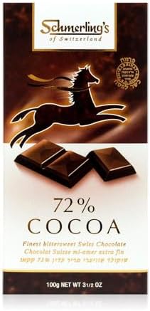 Dark Swiss Chocolate - 72% Cocoa - All Natural Chocolate - Vegan - Gluten Free - Paleo - Non GMO - Non Dairy - Gourmet Parve - Kosher OU - 3.5oz Each (Pack of 5)