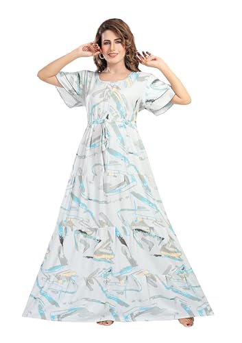 Image of NIGHT SHADES | Alpine Frock Style Designer Nighty |Women's Abstract Print Maxi Dress | Ruffle Sleeve |Cotton Blend| Women Nighty | Nighty for Women | Gown |