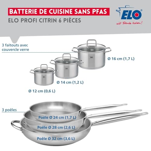 ELO 9512350 Batterie de cuisine 6 pièces, Ensemble de 3 Poêles de cuisson 24, 28 et 32 cm et 3 faitouts 12, 14 et 16 cm Elo Profi Citrin, inox, induction, Gris – Image 3