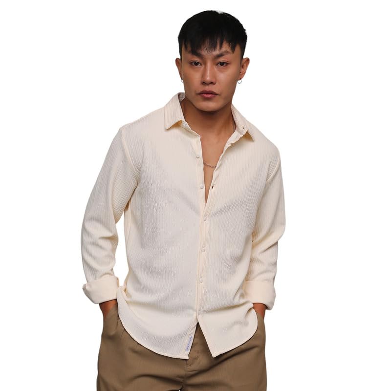 Image of CAHOOT Men's Veined-Textured Shirt | Casual Wear | Spread Collar | Long Sleeve | Button Closure | Shirt Crafted with Comfort Fit for Everyday Wear