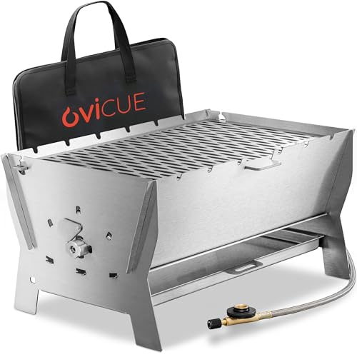 ovicue Grill | Mobiler Steck-Gasgrill – Tragbarer Edelstahlgrill mit Stecksystem – Gas- & Holzkohlebetrieb – Inkl. Tragetasche – Perfekt für Camping, Balkon, Garten & Outdoor - Camping Grill
