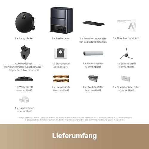 Mova Z60 Ultra Roller Complete Saugroboter mit Wischfunktion 28.000 Pa, LiftPro-Gehäuse, 8 cm Hindernisse, DToF+Dual Laser+RGB/LED-Hindernisvermeidung, AutoShield für Teppich, MaxiReach Mopp & Bürste