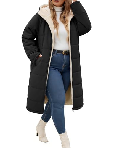 Yusongirl Women's Plus Size Winter Coat Mid Length Hoody with Zip Up Fleece, Stylish Windproof Ribbed Cuffs, Warm Sherpa Lining, Oversize 4XL Heavy Outdoor Outerwear for Travel Christmas Stadium Wear