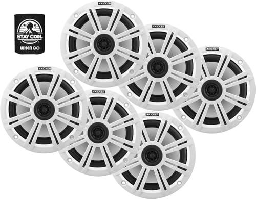KICKER 6.5" Marine Speakers (3 Pairs) OEM Replacement Coaxial Speakers for Boat with White Grilles 4-ohm. Water and Weather Resistant 41BKM614(6)+45BKMG6W(6)