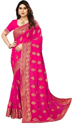 Image of B BELLA CREATION Women's Maroon Georgette Saree with Heavy Golden Embroidery Work & Unstitched Blouse Piece