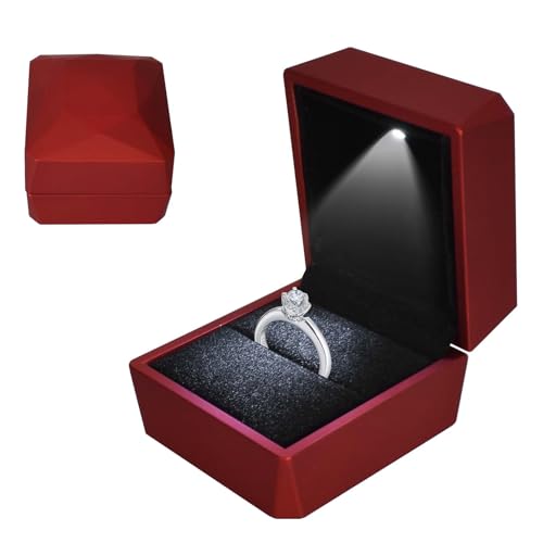 Colexy Caja de Anillo con Luz LED, Caja de Terciopelo, Joyero para Anillos, Anillos Cajas de Almacenamiento de Joyería LED, para Propuestas Compromisos Bodas y Valentín, 5.8 * 6.3 * 5cm, Rojo a