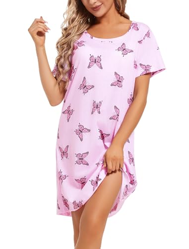 Image of ENJOYNIGHT Womens Cotton Nightgown Short Sleeve Sleepshirt Print Nightshirt | Short-Sleeve Crew Neck, Soft Cotton Fabric, Cartoon Printed Sleep Shirt, Loose Fit