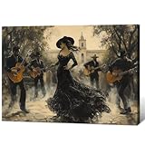 CRTDYQU Flamenco Dancer Canvas - Spanish Music Wall Art Guitarist Painting Dance Scene Print Ready to Hang Decor for Home & Office 36X48 in Wrapped Framed