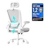 SONGMICS Office Mesh Chair, Ergonomic Swivel Chair, Lumbar and Head Support, Wide Seat, Foldable Armrests, Tilt Function, for Office Bedroom, Dove Grey OBN047G02
