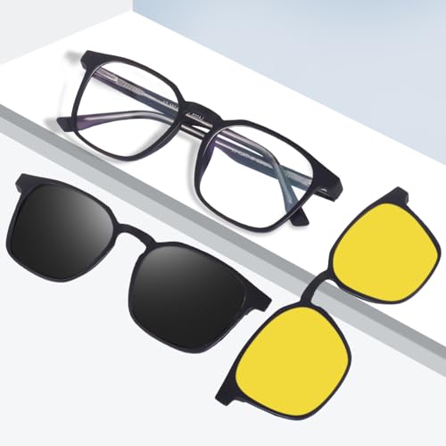 Image of 3in1 Clip on Magnetic Attachment Glasses For Men Women | Zero Power Eyeglass Frame | Black HD Polarised Glasses | 100% UV Protection | Night Vision Glasses |