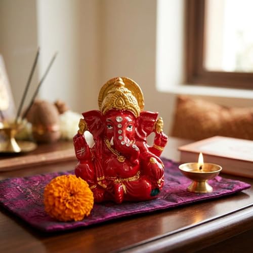 Image of eCraftIndia Red Golden Blessing Ganesha Statue | Lord Ganesha Idol for Home Decor Car Dashboard | Ganesh Ganpati Murti Gift for Diwali Housewarming Birthday