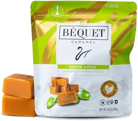 Béquet Caramel - Green Apple Caramel Candy - Gourmet Caramel Candy - Caramel Candy Individually Wrapped - Made in Montana - Kosher (Star D) and Gluten Free - 24oz Resealable Pouch